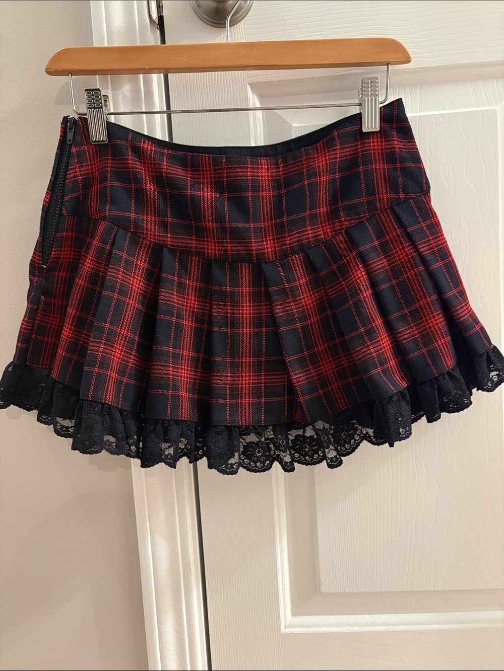Dolls Kill Red and Black Plaid Pleated Mini Skirt with Lace Hem - Picture 3 of 6